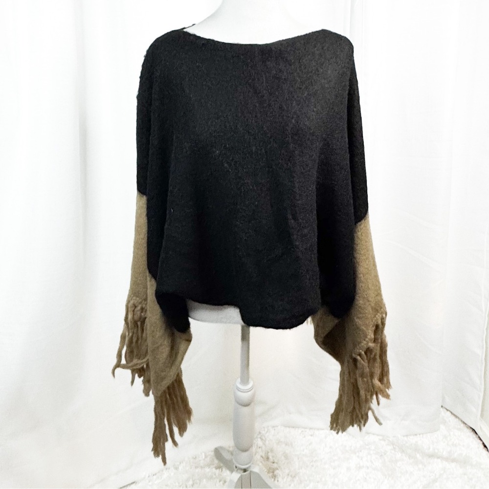 Chico's Black Label Blocked Fringe Poncho S/M Black Tan Mohair Wool Blend NWT